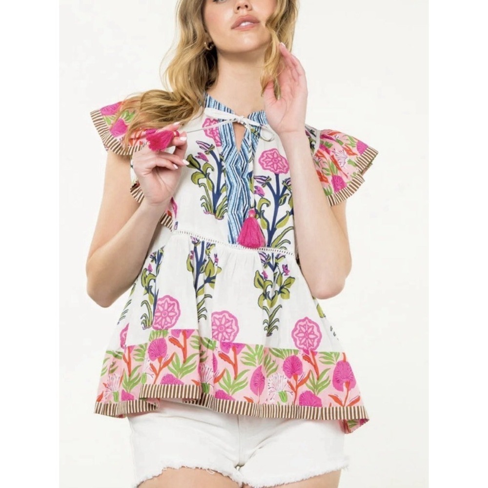 THML Maxine Flutter Sleeve Print Tassel Tie Top Bohemian Floral Swing Size M
